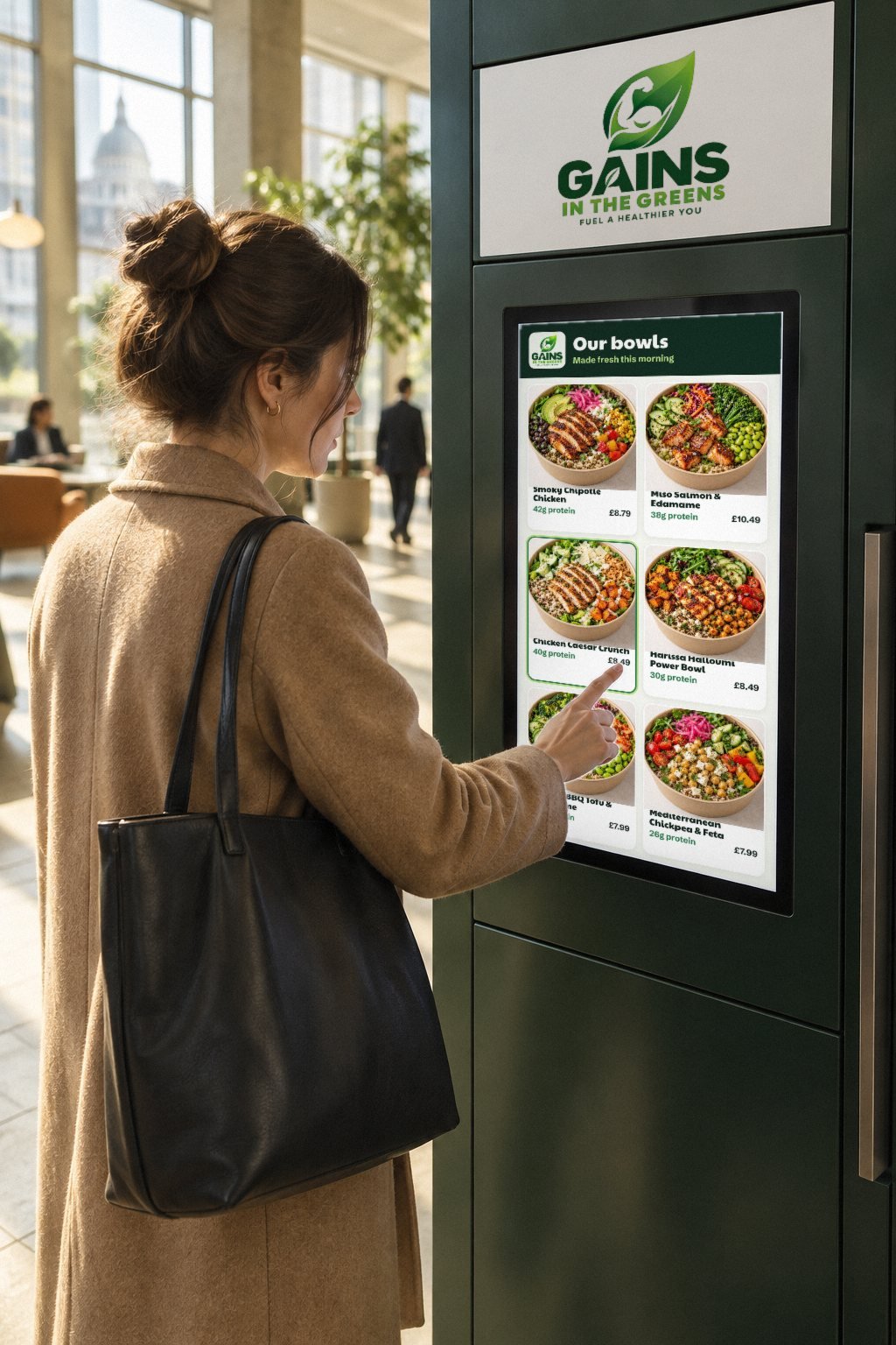 A customer choosing the Chicken Caesar Crunch on the Gains in the Greens touchscreen